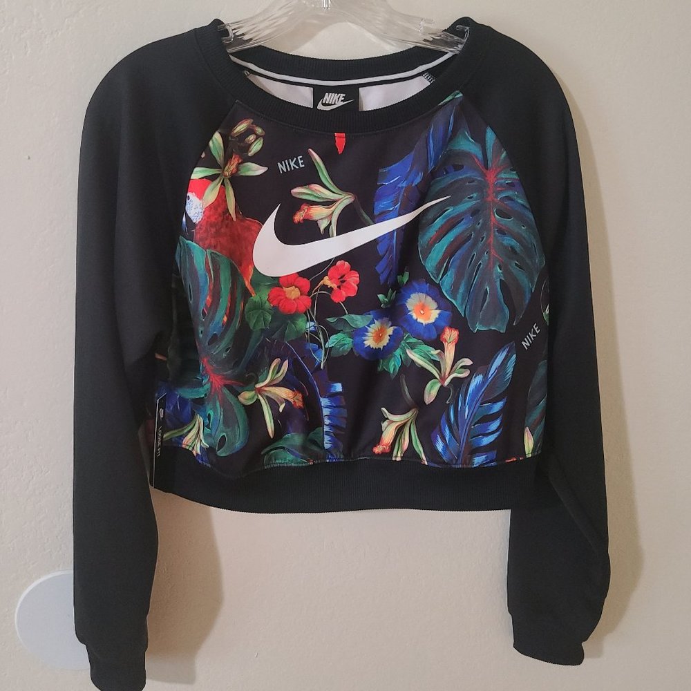 Nike Sportswear Tropical/Floral Print Crop Top Crew Sweater Size Small Women